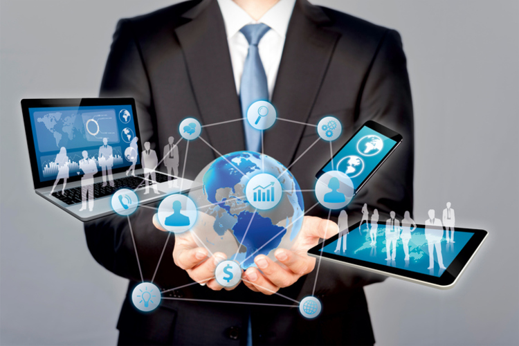 Businessman holds modern technology in hands
